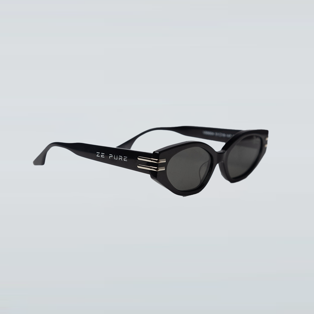 Black sunglasses with 'ZE PURE' branding on a light gray background