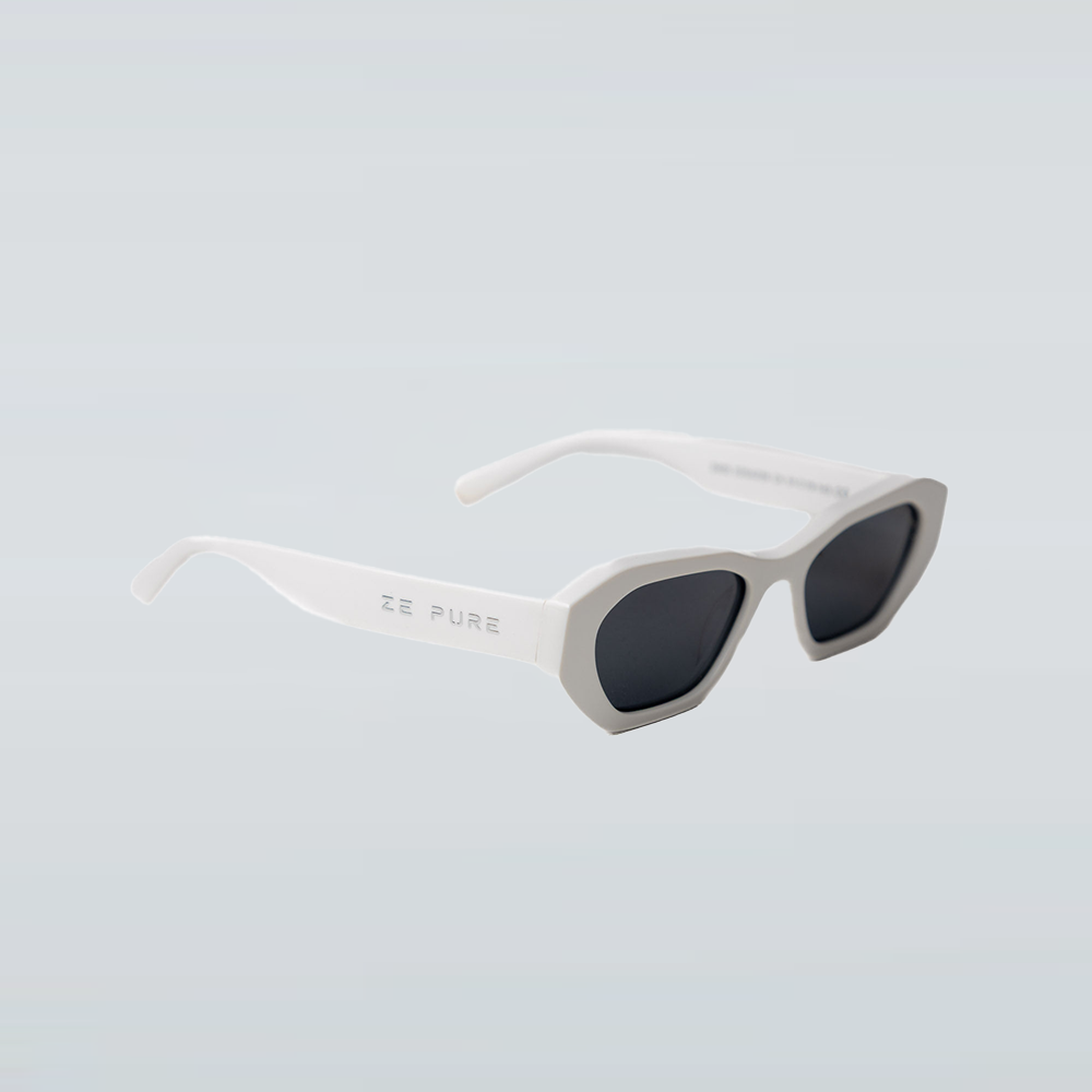 White sunglasses with dark lenses on a light gray background