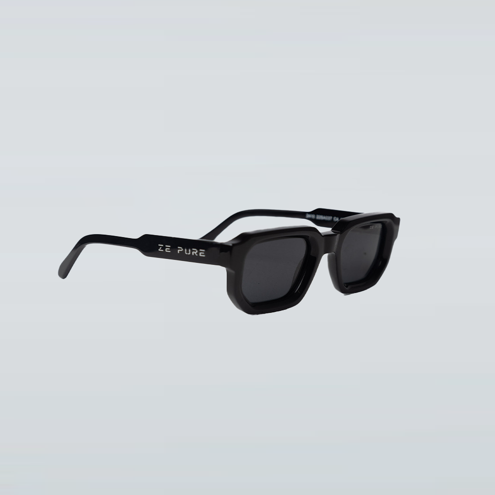 Black sunglasses with 'ZE PURE' branding on a light gray background